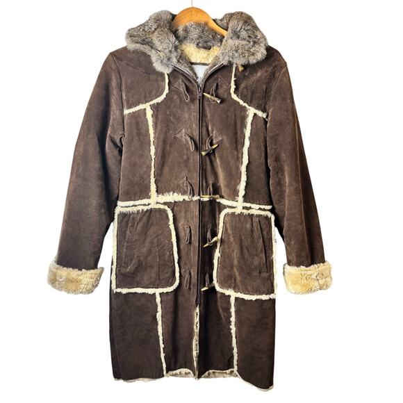 Wilsons Suede Penny Lane Leather Coat Womens Medium Brown Rabbit Fur Boho Toggle - Picture 1 of 15